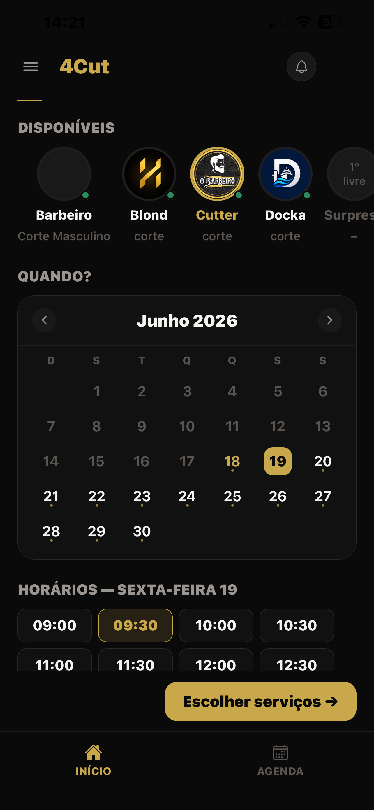 Painel de agendamento do HAIRZON mostrando a agenda dos barbeiros